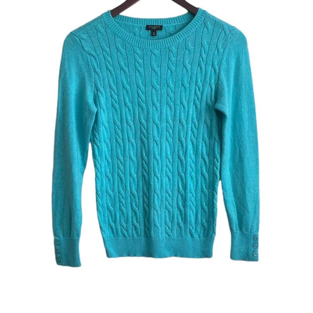 Talbots Women Cable Knit‎ Sweater SP Aqua Lightweight Preppy Classic Coastal
